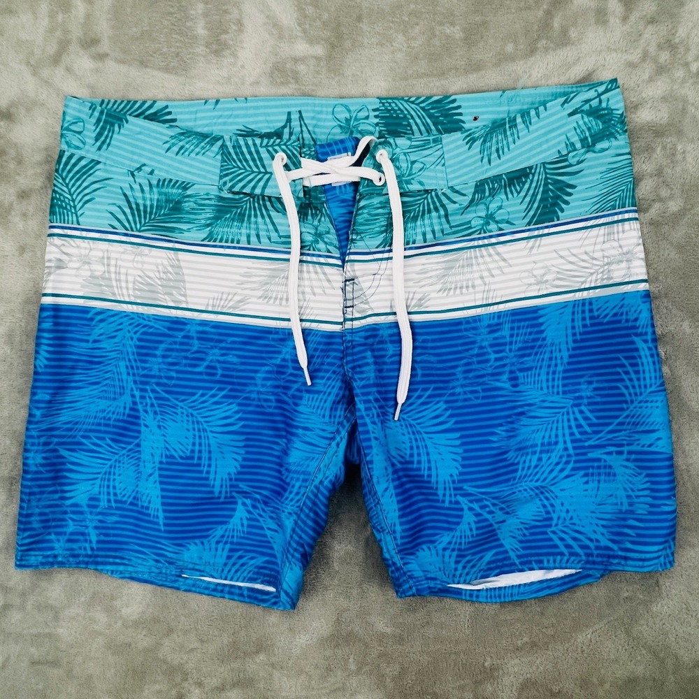 Burnside Mens Board Shorts XL Blue Teal Tropical Palm Print Swim Trunks Striped